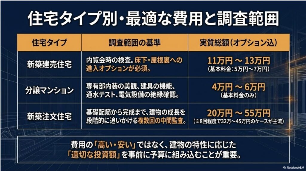 新築建売住宅や分譲マンション、新築注文住宅のそれぞれにおける調査範囲の基準と実質総額の目安をまとめた表のスライド画像です。