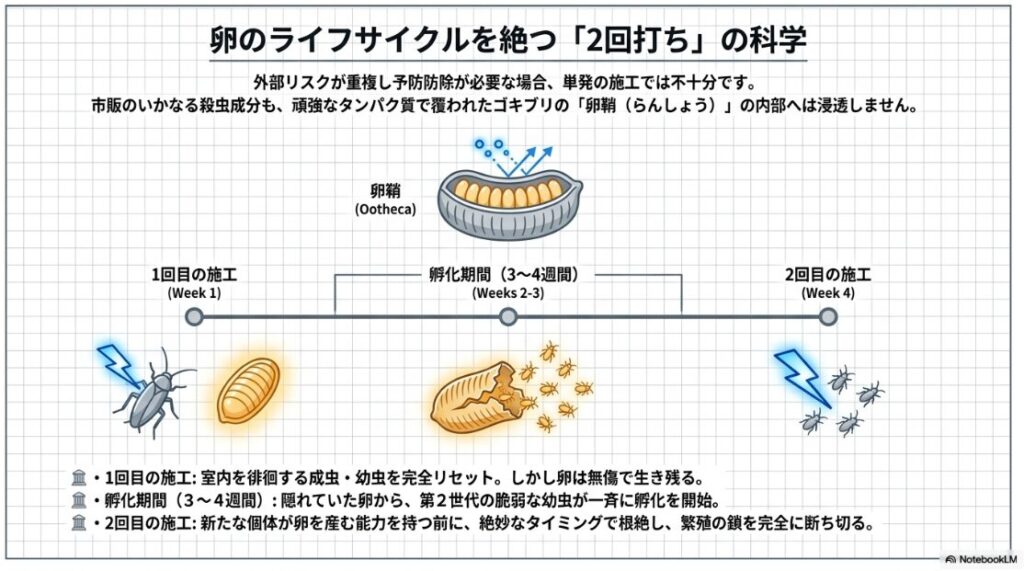 ゴキブリの卵の孵化期間に合わせた2回施工の重要性を説明するタイムラインスライドです。
頑強なタンパク質で覆われた卵鞘には殺虫成分が浸透しないため、1回目の施工で成虫や幼虫をリセットした後に期間をあけます。
3週間から4週間の孵化期間を経て脆弱な幼虫が一斉に孵化した絶妙なタイミングで2回目の施工を行い、繁殖の鎖を完全に断ち切る流れがイラストと共に解説されています。