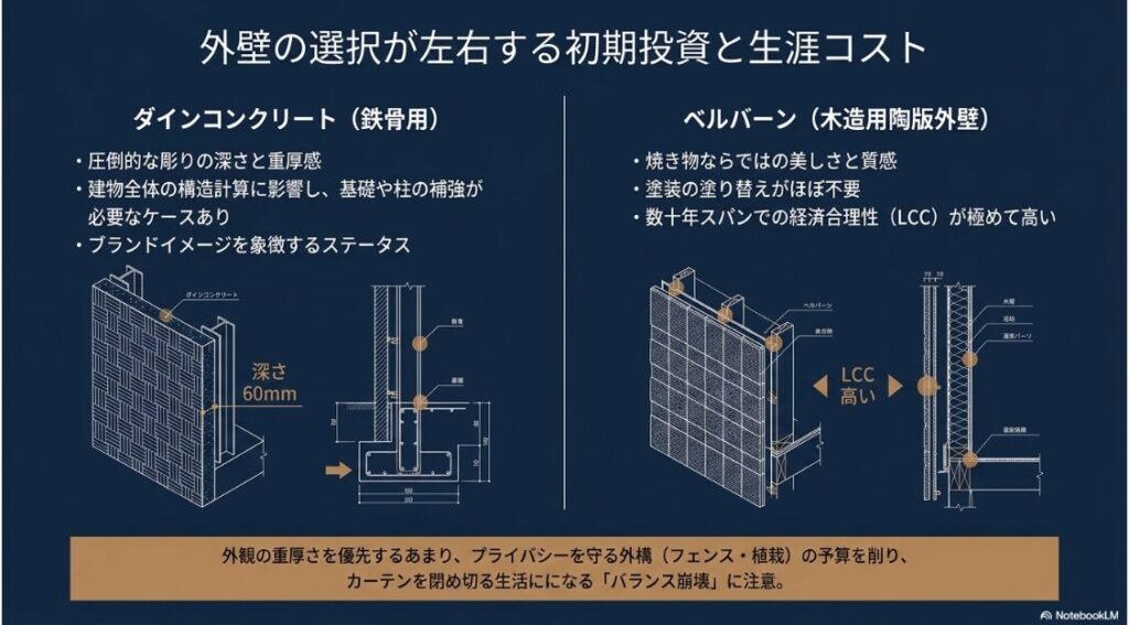 ダインコンクリートとベルバーンの構造、特徴、および生涯メンテナンスコストの違いを示す図解
