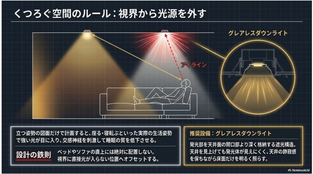 くつろぐ空間のルール:視界から光源を外すというタイトルのスライドです。
ソファに寝転ぶ姿勢のアイラインから外してダウンライトを配置する重要性と、発光部が奥深くにあるグレアレスダウンライトの構造が図解されています。
