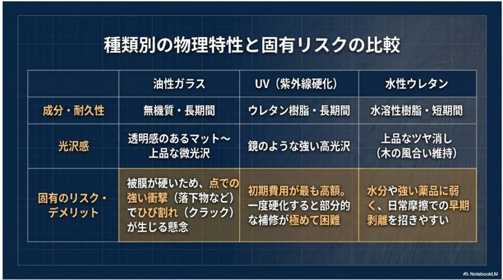 種類別の物理特性と固有リスクの比較という見出しと、油性ガラス、UV、水性ウレタンの成分、耐久性、光沢感、固有のリスクを比較した表が記載されたスライドです。