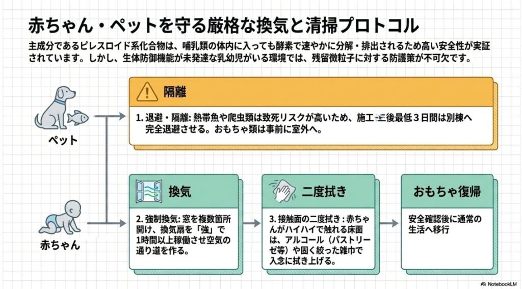 生体防御機能が未発達な赤ちゃんやペットがいる環境での、残留微粒子に対する防護策を示したスライドです。
1として熱帯魚や爬虫類の退避と隔離、2として窓を複数箇所開けて換気扇を強で1時間以上稼働させる強制換気が示されています。
さらに、3として床面をアルコールや固く絞った雑巾で拭き上げる接触面の二度拭き、おもちゃの復帰という一連の安全手順がアイコンと共に描かれています。