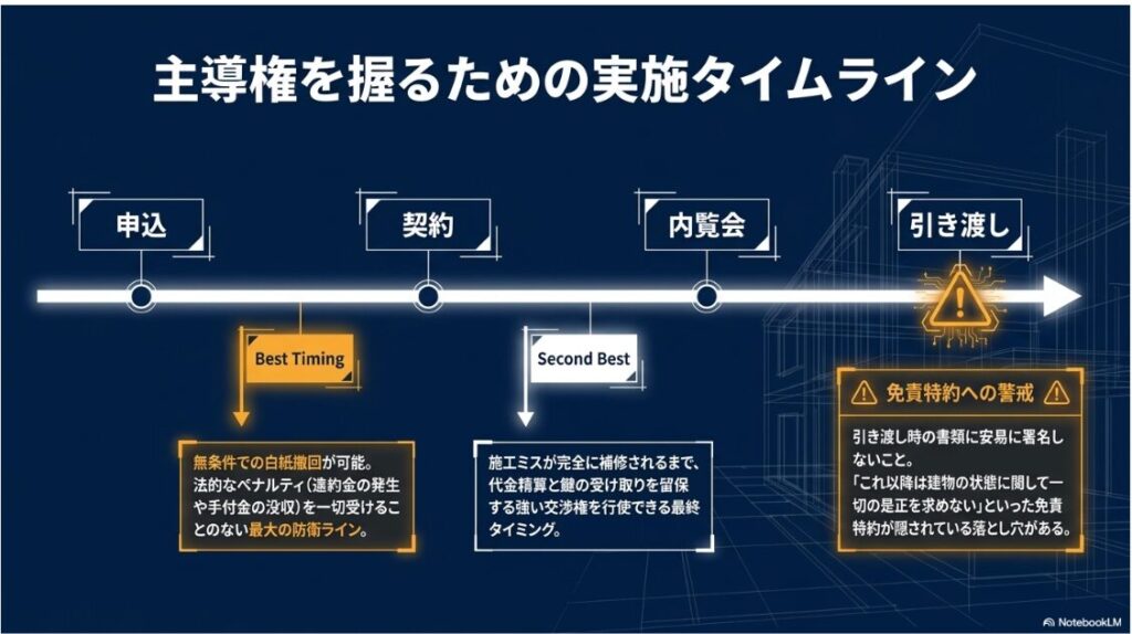 申込から契約、内覧会、引き渡しまでの流れの中で、無条件で白紙撤回ができるベストタイミングと、強い交渉権を行使できるセカンドベストの時期を示したスライド画像です。