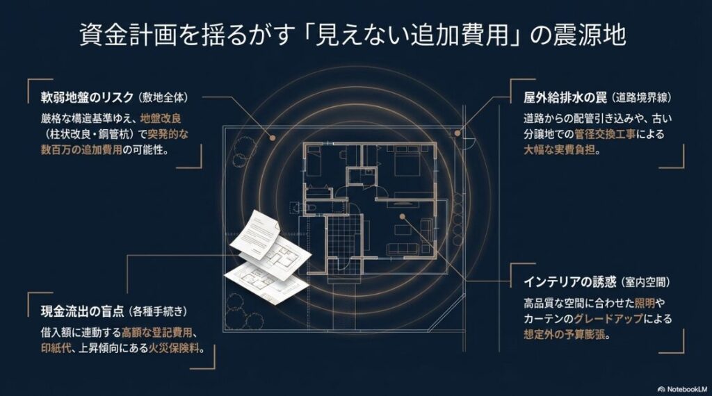 地盤改良、屋外給排水、登記費用、インテリアなど、見積もり段階で見落としがちなコスト増要因のまとめ図
