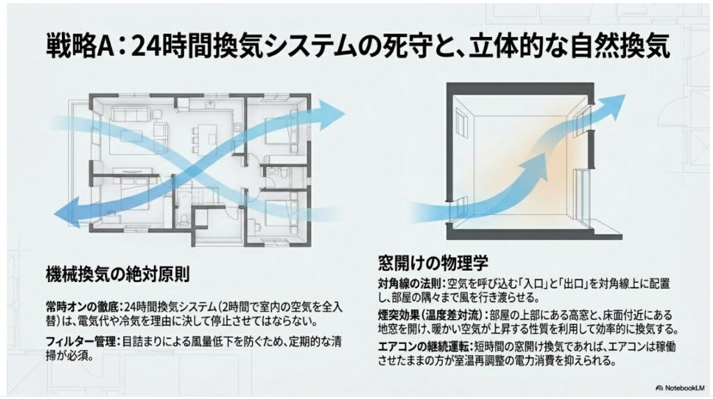 住宅の平面図に青い矢印で対角線上の空気の流れが描かれ、断面図には地窓から高窓へと抜ける温度差対流の空気の流れが描かれたスライド。常時オンの徹底とフィルター管理という機械換気の絶対原則、および対角線の法則と煙突効果による窓開けの物理学について説明されています。
