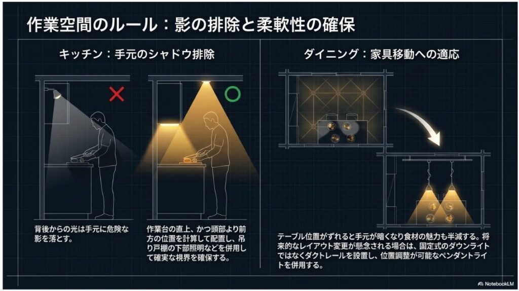 作業空間のルール:影の排除と柔軟性の確保というタイトルのスライドです。
キッチンの作業台の真上に配置して手元の影を排除する例と、ダイニングで将来の家具移動に対応するためにダクトレールとペンダントライトを併用する例が描かれています。