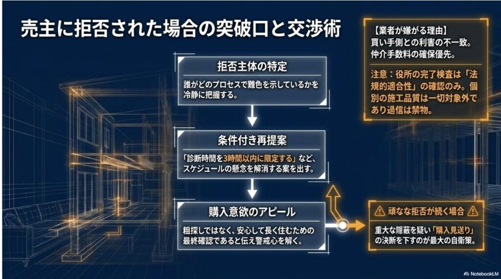拒否主体の特定から条件付き再提案、購入意欲のアピールを経て、頑なな拒否が続く場合は購入を見送るという自衛策までのプロセスを描いたスライド画像です。