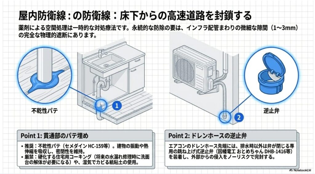 インフラ配管まわりの微細な隙間を遮断する物理的防除を解説したスライドです。
キッチンシンク下の排水管貫通部を、建物の振動を吸収する不乾性パテで埋めるイラストが拡大図と共に描かれています。
将来の修理の妨げになる硬化するコーキングや、カビの原因となる紙粘土の使用は厳禁とされています。
