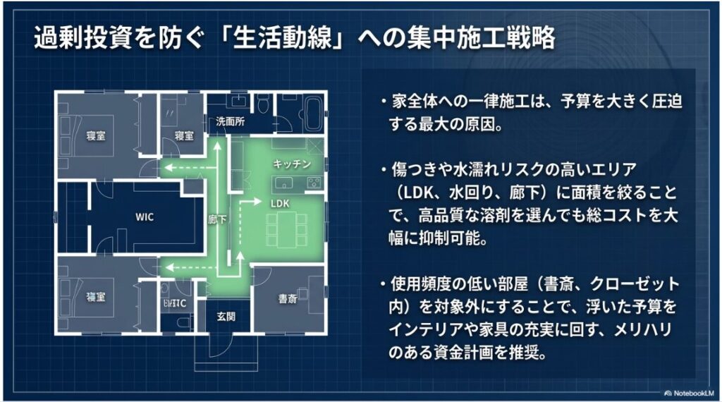 過剰投資を防ぐ生活動線への集中施工戦略という見出しと、家全体への一律施工を避け、水回りやLDKなどの生活動線に施工エリアを絞る重要性が記載されたスライドです。
