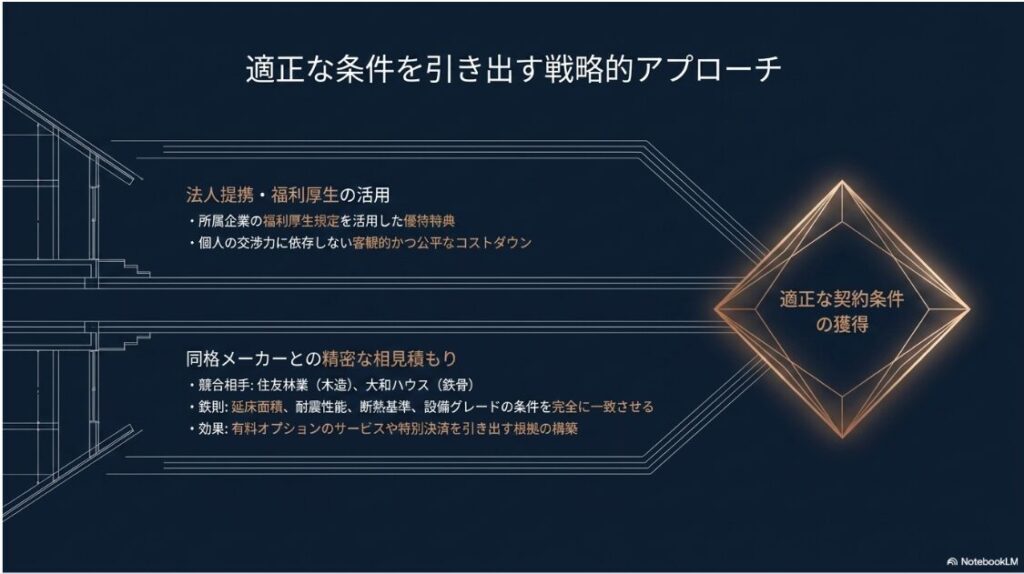 法人提携の活用や同格メーカーとの相見積もりを通じて、適正な契約条件を獲得する戦略のイメージ図