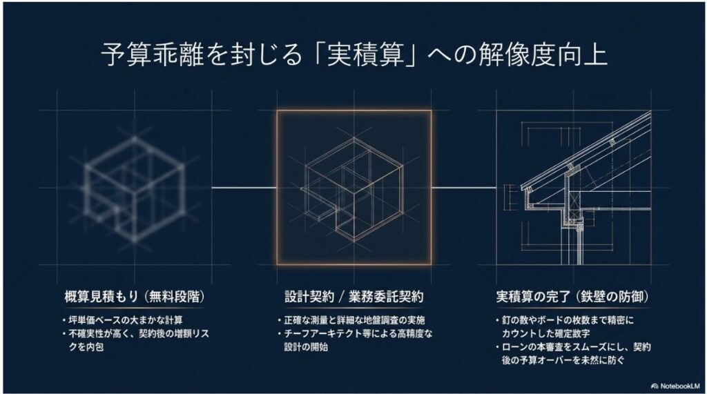 無料段階の概算見積もりと、設計契約後に行われる精密な実積算の精度の違いを比較した図解