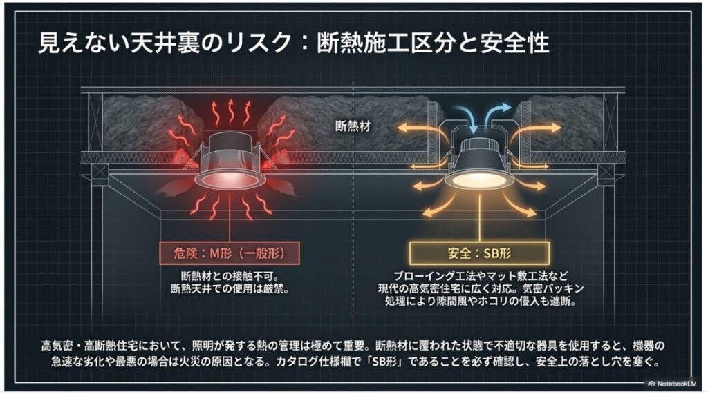 見えない天井裏のリスク:断熱施工区分と安全性というタイトルのスライドです。
断熱材との接触が厳禁なM形(一般形)の危険性と、高気密住宅に対応し隙間風やホコリを遮断するSB形の安全性が断面イラストで比較されています。