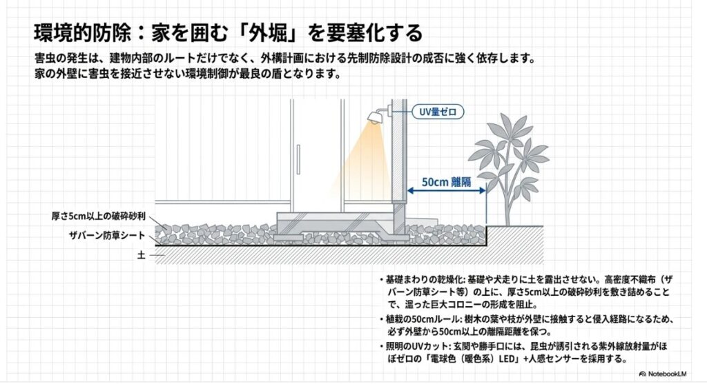外構計画における先制防除設計を説明した断面イラストスライドです。
基礎まわりの乾燥化として、土の上に防草シートを敷き、その上に厚さ5センチメートル以上の破砕砂利を敷き詰めて湿気やコロニー形成を阻止する構造が描かれています。
また、樹木の枝葉が外壁に接触しないよう50センチメートル以上の離隔距離を保つ植栽ルールや、紫外線放射量がゼロの電球色LEDと人感センサーの組み合わせが示されています。