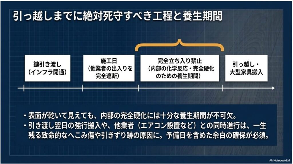引っ越しまでに絶対死守すべき工程と養生期間という見出しと、鍵引き渡しから施工日、完全立ち入り禁止の養生期間、引っ越しまでの工程が記載されたスライドです。
