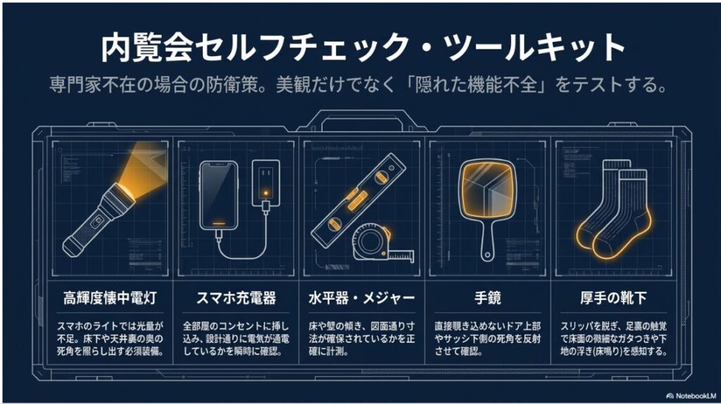 高輝度懐中電灯やスマホ充電器、水平器・メジャー、手鏡、厚手の靴下という、専門家不在の内覧会で隠れた機能不全を見つけるための道具をまとめたスライド画像です。