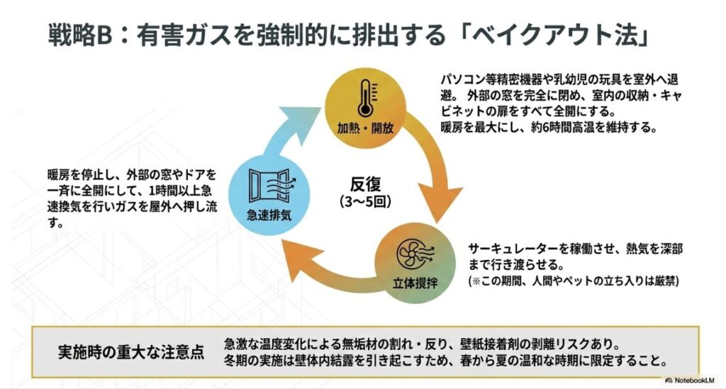 ベイクアウト法の手順をまとめたスライド。精密機器の退避と収納の全開、暖房を最大にして約6時間高温を維持する加熱・開放、サーキュレーターによる立体攪拌、窓やドアを一斉に全開にする急速排気、これを3〜5回反復するサイクルが示されています。急激な温度変化による無垢材の割れや壁紙の剥離リスク、冬期の結露リスクへの注意も記載されています。