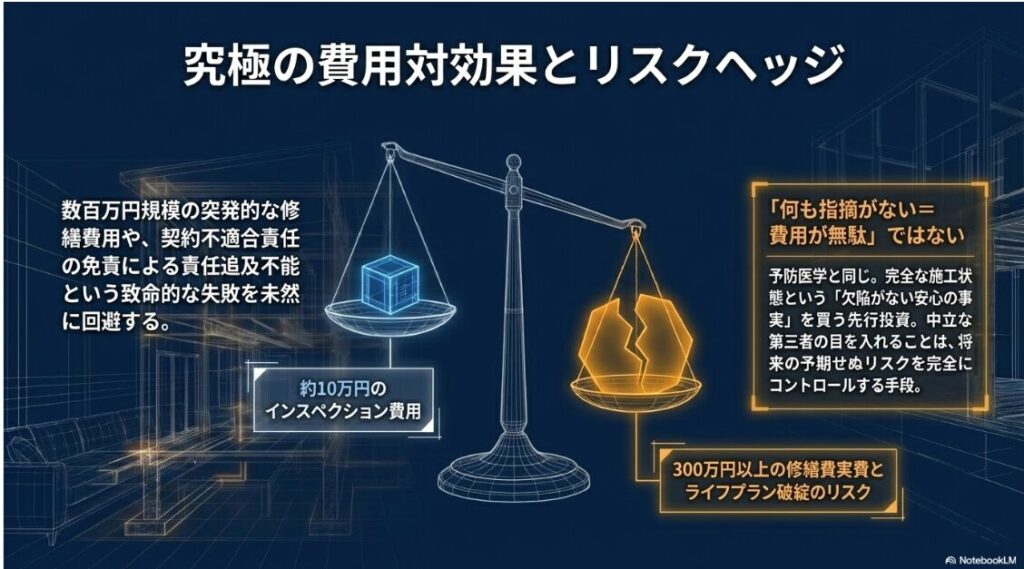 約10万円のインスペクション費用と、300万円以上の修繕費実費やライフプラン破綻のリスクを天秤にかけて比較し、予防医学としての価値を説明するスライド画像です。