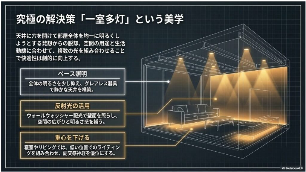 究極の解決策一室多灯という美学というタイトルのスライドです。
ベース照明、反射光の活用、重心を下げるという3つのアプローチを組み合わせた、リビング空間の立体的なライティング構成パースが描かれています。