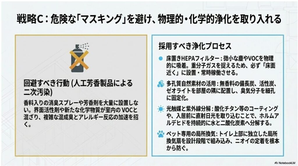 人工芳香製品による二次汚染を避けるべき行動とし、採用すべき浄化プロセスとして、床面近くに設置して常時稼働させる床置きHEPAフィルター、備長炭や活性炭やゼオライトによる多孔質自然素材の活用、光触媒と紫外線分解によるホルムアルデヒドの持続分解、ペット専用の局所換気を挙げたスライド。