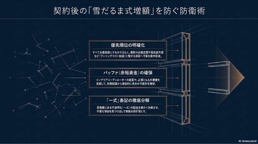 優先順位の明確化、バッファの確保、一式表記の分解によるコスト抑制対策のまとめ図