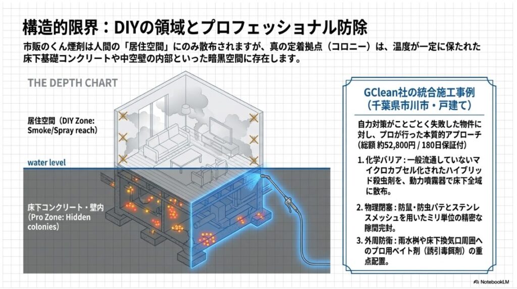市販のくん煙剤が届く居住空間のDIY領域と、真のコロニーが存在する床下や壁内のプロ領域を対比した断面イラストスライドです。
自力対策が失敗した一戸建てに対してプロが行ったアプローチとして、いくつかの対策が紹介されています。
マイクロカプセル化されたハイブリッド殺虫剤を動力噴霧器で床下に散布する化学バリア、防鼠防虫パテとステンレスメッシュによる物理閉塞、雨水桝などへのプロ用ベイト剤の配置という3つの統合施工内容が記載されています。