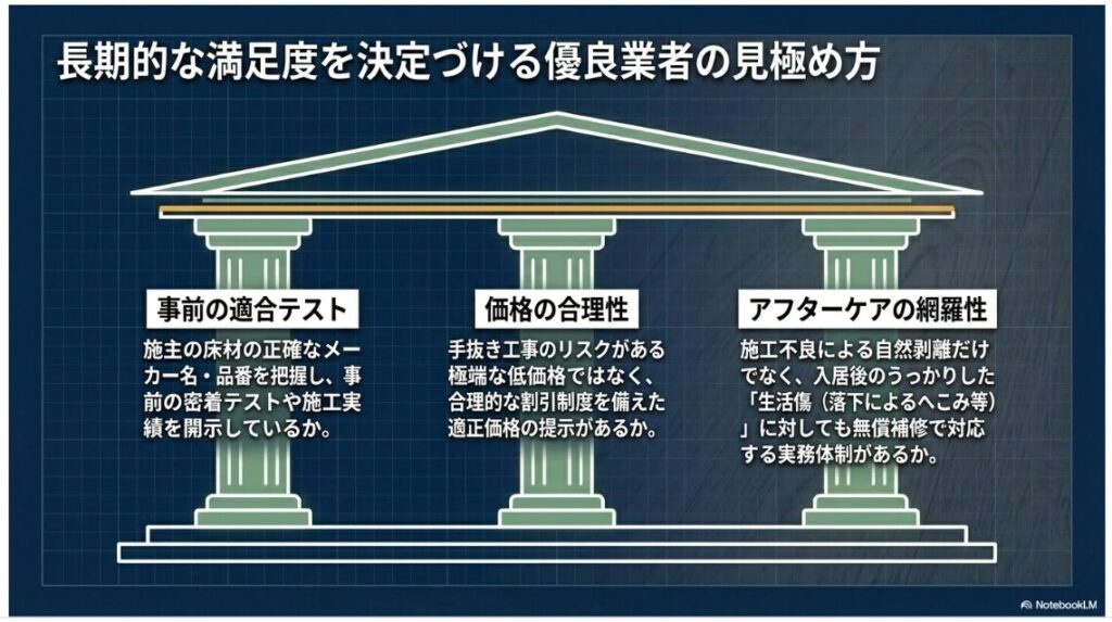 長期的な満足度を決定づける優良業者の見極め方という見出しと、事前の適合テスト、価格の合理性、アフターケアの網羅性の3つの選定基準が記載されたスライドです。