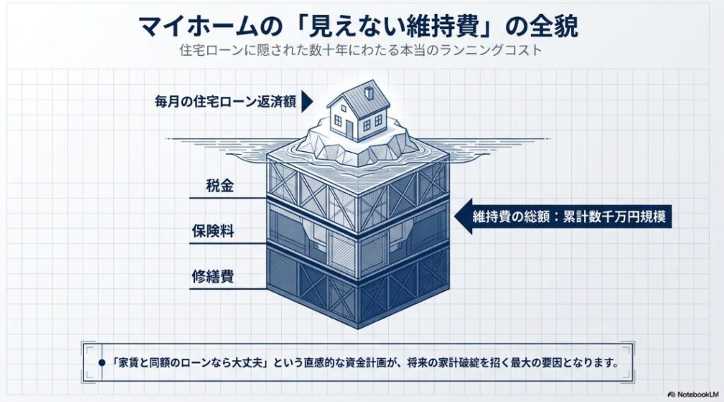 住宅ローンの水面下に隠れた数千万円規模の税金、保険料、修繕費を示す氷山のイラスト