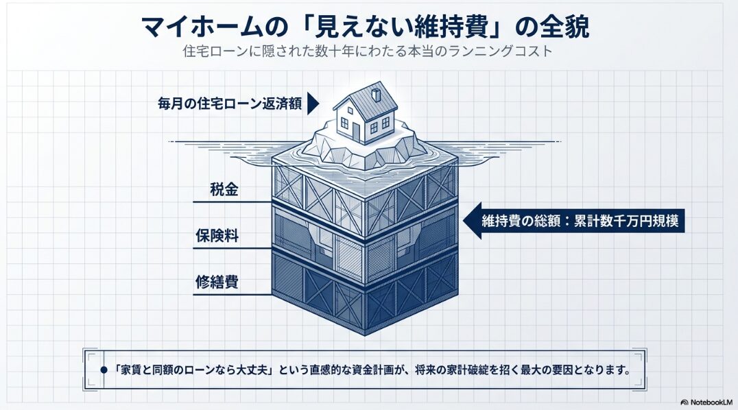 住宅ローンの水面下に隠れた数千万円規模の税金、保険料、修繕費を示す氷山のイラスト