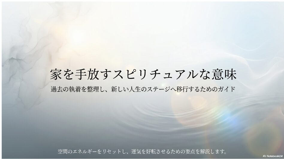 家を手放すスピリチュアルな意味。過去の執着を整理し、新しい人生のステージへ移行するためのガイドとして、空間のエネルギーをリセットし運気を好転させる要点を解説したスライド資料。