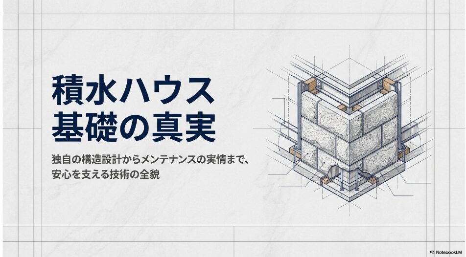 積水ハウスの基礎に関する解説資料の表紙画像。独自の構造設計からメンテナンスの実情までを紹介。