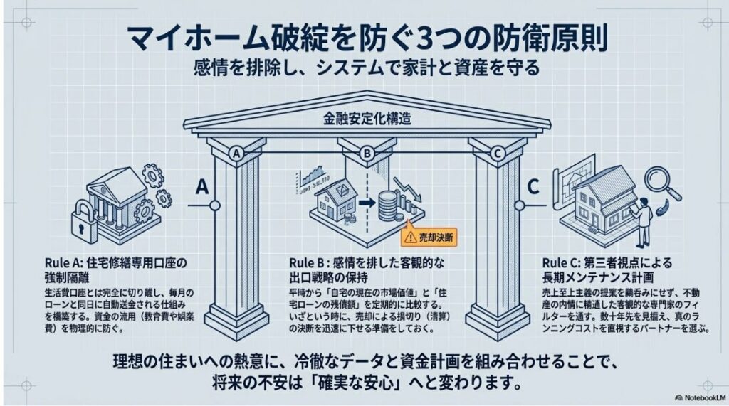 住宅修繕専用口座の強制隔離、感情を排した客観的な出口戦略の保持、第三者視点による長期メンテナンス計画の3つの防衛原則を示す図