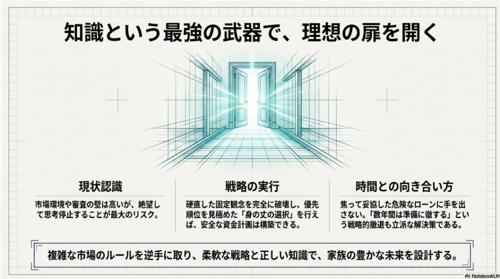戦略の実行と知識によって開かれた理想の扉に向かう様子を描いた図解