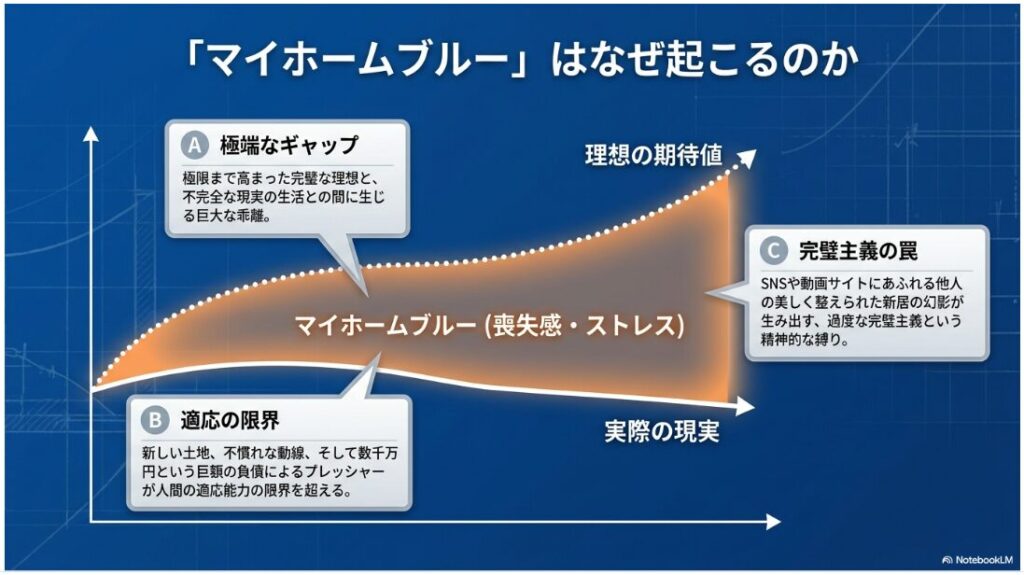 理想の期待値と不完全な現実の巨大な乖離によって喪失感やストレスを生むマイホームブルーのメカニズムと、適応の限界や完璧主義の罠を解説したグラフ