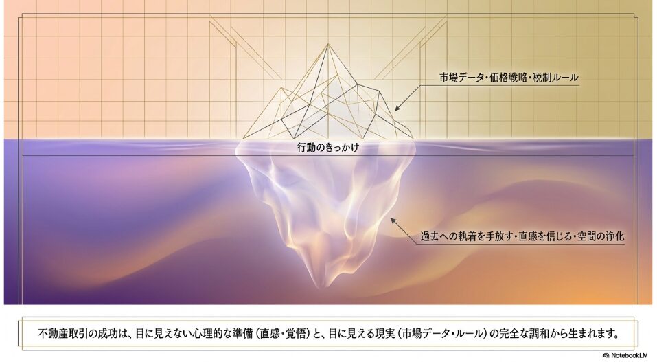 不動産取引の成功は目に見えない心理的な準備と目に見える現実の調和から生まれることを示す氷山モデルの図解