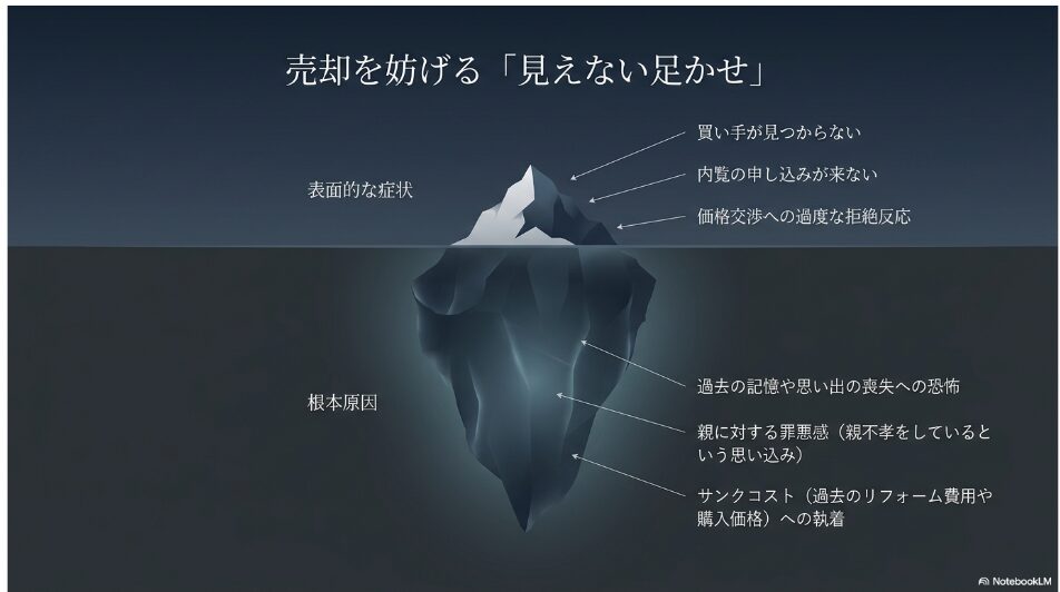 売却を妨げる見えない足かせとして、買い手が見つからないなどの表面的な症状と、過去の記憶やサンクコストへの執着といった根本原因を図解したスライド