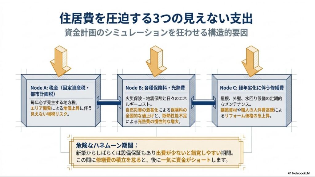 税金、保険料・光熱費、修繕費の3つの支出ノードと、新築直後の出費が少ないと錯覚するハネムーン期間の解説図