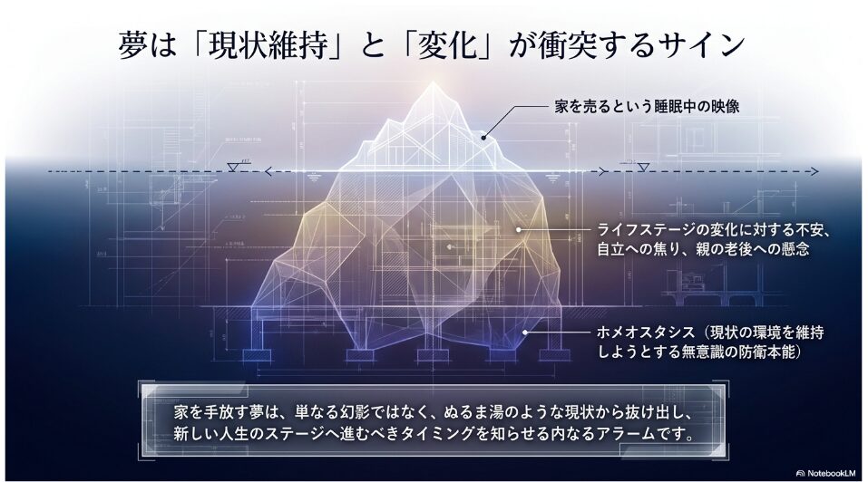 睡眠中に家を売る映像を見る深層心理を図解した氷山のイラスト。ライフステージの変化に対する不安や、現状維持と変化が衝突する無意識の防衛本能(ホメオスタシス)について解説しています。