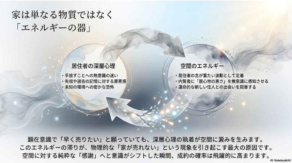 家はエネルギーの器。顕在意識で早く売りたいと願っていても、手放すことへの無意識の迷いなどの深層心理の執着が空間に澱みを生み、家が売れない原因となることを解説した図解。