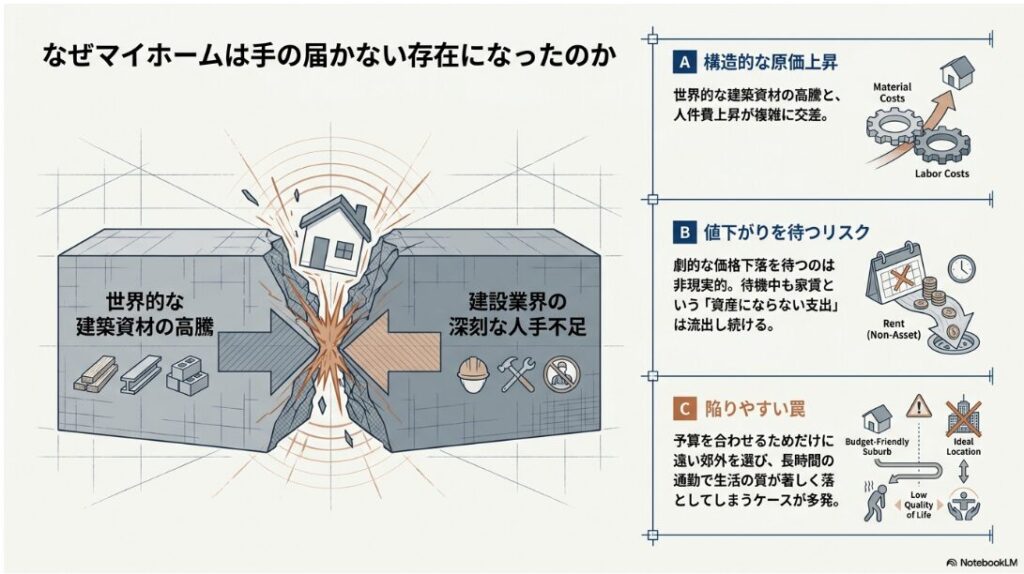 世界的な建築資材の高騰と建設業界の深刻な人手不足によって住宅が圧迫されている様子を示す図解