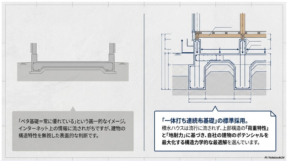 ベタ基礎への画一的なイメージに対する解説と、積水ハウスが一体打ち連続布基礎を標準採用する構造力学的な理由を示したスライド。
