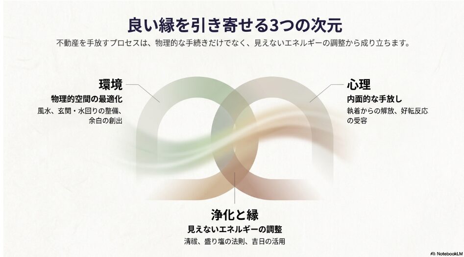 物理的空間の最適化、内面的な手放し、見えないエネルギーの調整という3つの次元を表す図解