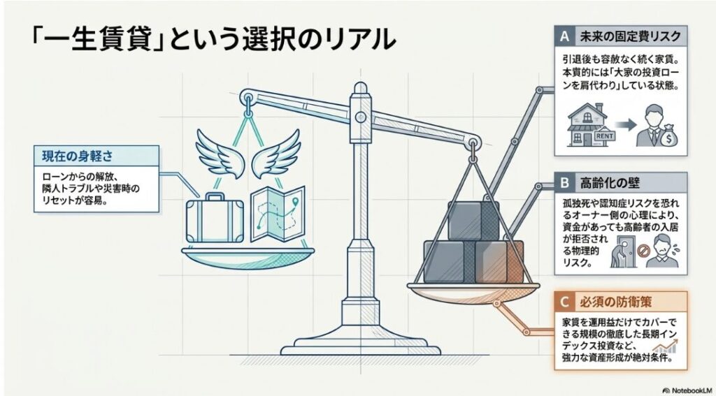 現在の身軽さと、高齢化の壁や未来の固定費リスクを天秤にかけた図解