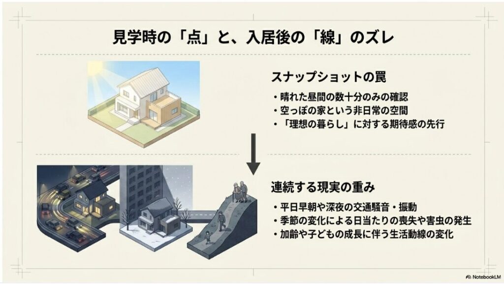 晴れた昼間など見学時の点と、入居後の連続する生活の線のズレを表すスナップショットの罠
