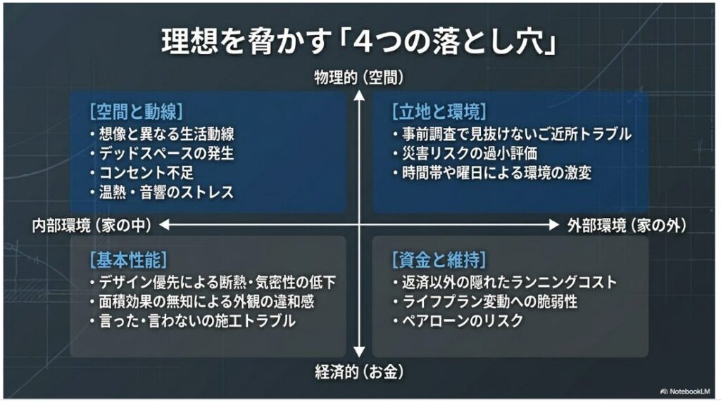 内部環境の空間と動線・基本性能、外部環境の立地と環境・資金と維持という、マイホームの理想を脅かす4つの落とし穴をまとめた図解