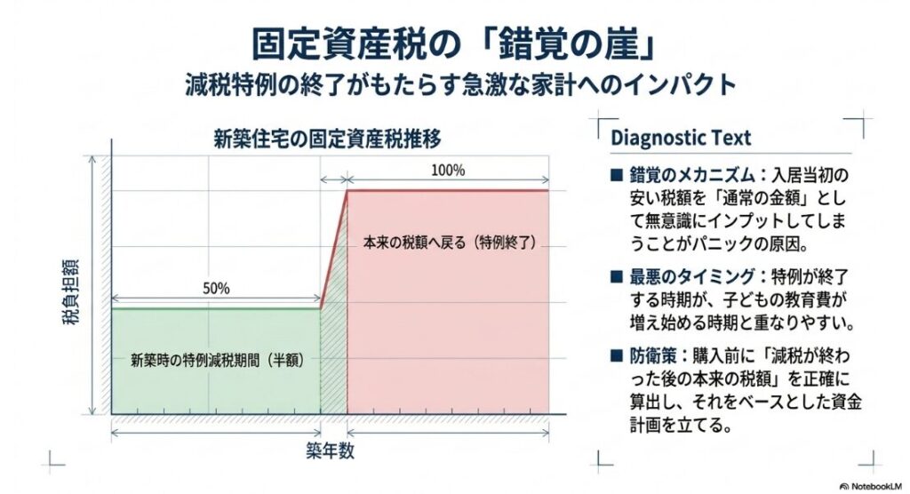 新築から数年間の特例減税期間終了後に、本来の税額へ急激に戻る固定資産税の推移を示すグラフ