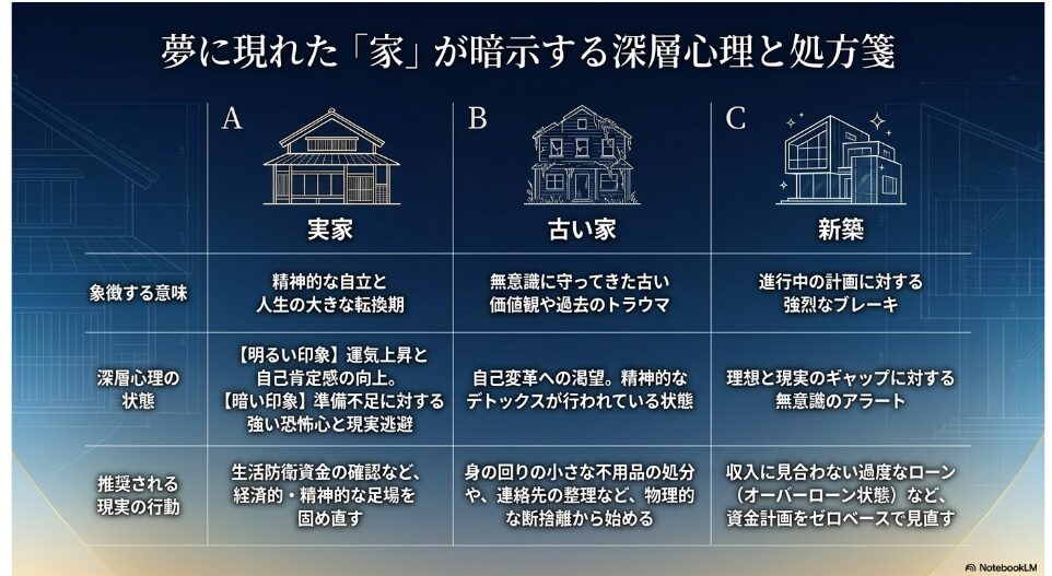 実家、古い家、新築がそれぞれ象徴する意味、深層心理の状態、推奨される現実の行動をまとめた一覧表。