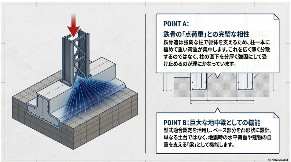 鉄骨の点荷重と相性が良い布基礎の構造と、地震時の荷重を支える地中梁としての機能を解説した図解。