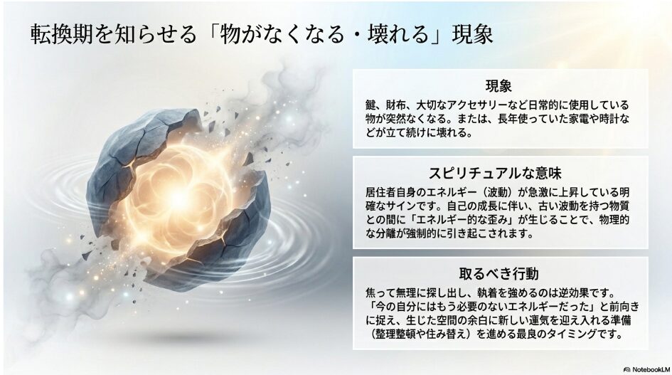 転換期を知らせる物がなくなる・壊れる現象。居住者自身のエネルギーが急激に上昇している明確なサインであり、古い波動を持つ物質との間にエネルギー的な歪みが生じるため、新しい運気を迎え入れる準備のタイミングであることを示す解説。