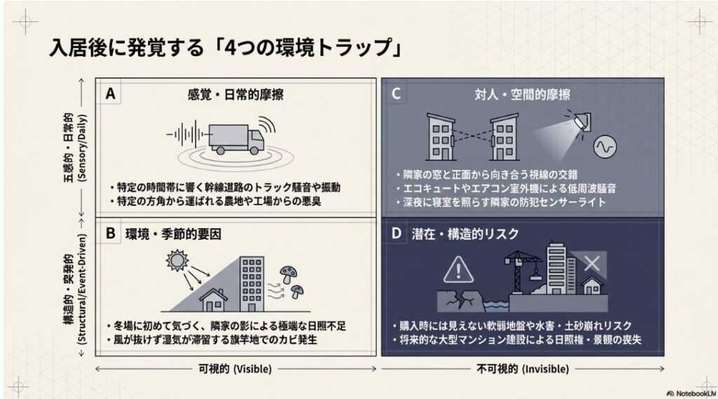 入居後に発覚する4つの環境トラップ(感覚的摩擦、季節的要因、対人的摩擦、構造的リスク)の分類図