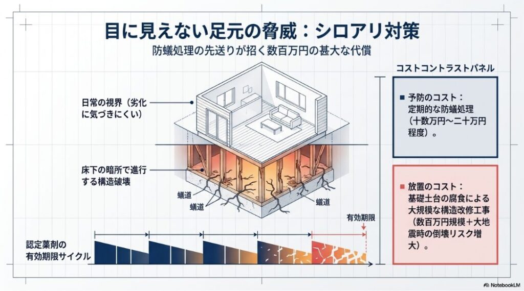 定期的な防蟻処理の予防コストと、基礎土台の腐食による大規模な構造改修工事のコストを比較した図